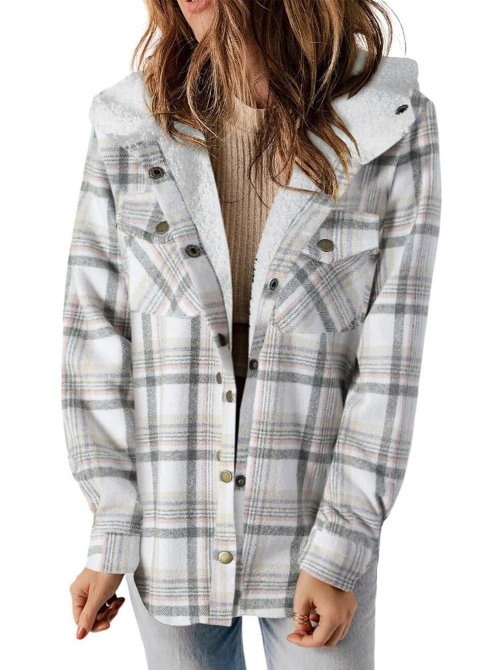 Women’s White Plaid Fleece Hooded Shacket Warm Sherpa Flannel Winter Jacket